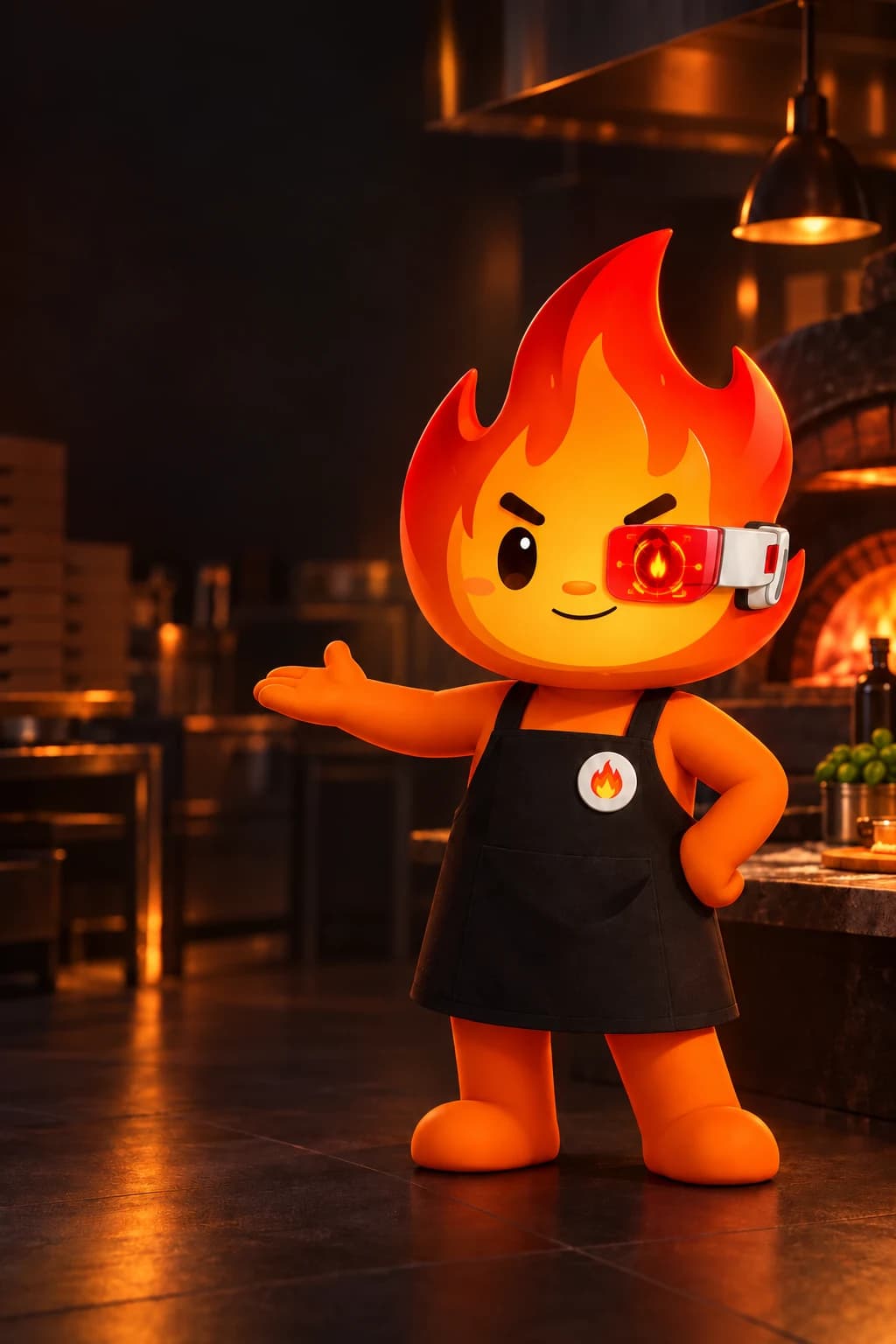 Brasinha, mascote em forma de chama, recebendo você no BRASA